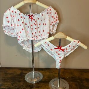 White and Red Heart Print Lingerie Set